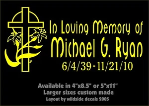 In Loving Memory Of Decal Cross Peace Lily Name Date Car Window Vinyl Sticker  - Picture 1 of 8