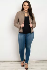 Womens Plus Size Taupe Quilted Jacket XL 1XL Zipper Front Buckle Accent Neckline - Picture 1 of 3