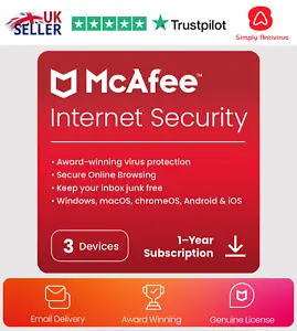 More details for mcafee internet security antivirus 2024 3 devices 1 year 5 minute email delivery