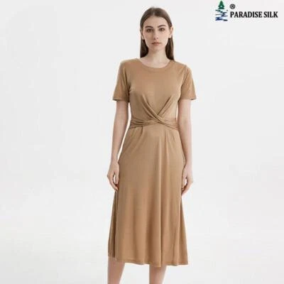 Chic Silk Dress Women Summer Elegant Long Dress Round Collar Tie Waist Silk D... - image 1 of 4