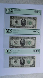 1928 $20 FRN- 3 CONSECUTIVE- PCGS AU58- FR.2050G - Picture 1 of 2