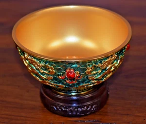 4.5" GOLD PLATE BRASS DOUBLE DRAGON BOWL GREEN ENAMEL CARNELIAN EMBELISHMENTS - Picture 1 of 4