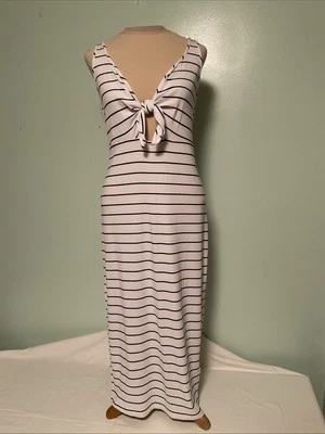 Vestido sin mangas Express blanco a rayas largo acanalado recortado lazo busto para mujer talla L Foto 1 de 4