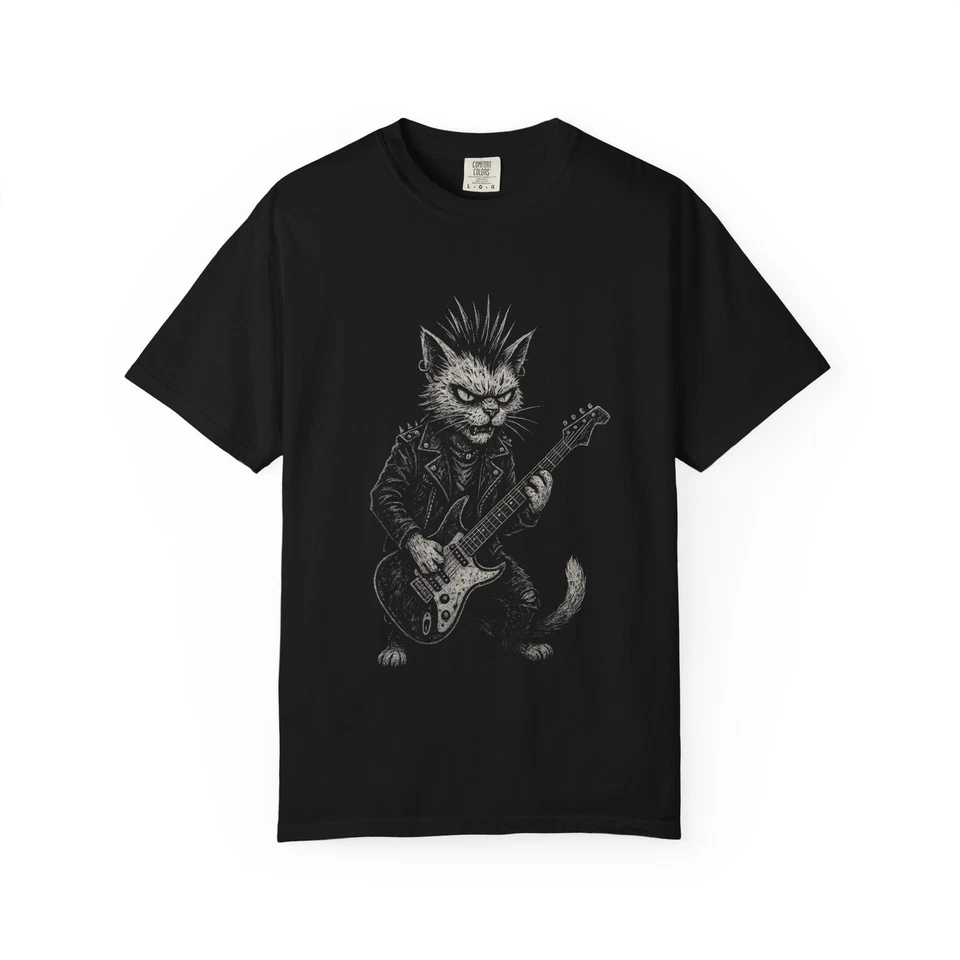 Punk Cat Playing Electric Guitar T-shirt | Rock Music Tee - Image 1 of 1