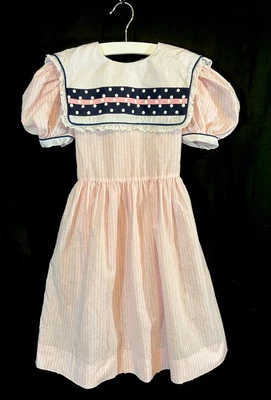 Vestido Vintage Niñas Rosa Blanco Rayas Ojales Borde Cuello Talla 7 Love 'n Stitches Foto 1 de 4