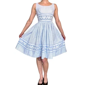 Vintage 50er Jahre Seersucker gestreift Fit and Flare Full Circle Rock Sommerkleid XS - Bild 1 von 6