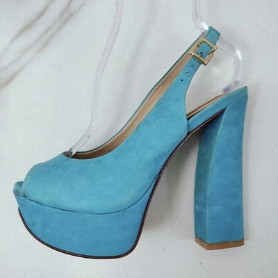 Schutz Cuero Turquesa Textil Estilo Y2K Grueso Plataforma Peep Toe Tacones, 7 Foto 1 de 4