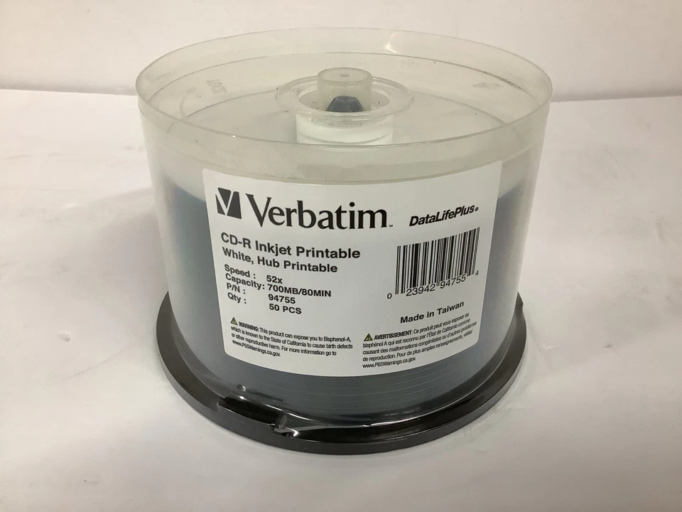 Verbatim 52x Spindle CD-R Printable Recordable Disc 50/Pack White 94755 - Image 1 of 1