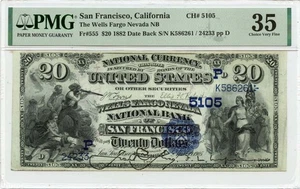 1882 $20 Date Back FR#555 Wells Fargo Nevada NB San Francisco CH#5105 PMG VF35 - Picture 1 of 2