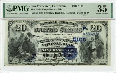 1882 $20 Date Back FR#555 Wells Fargo Nevada NB San Francisco CH#5105 PMG VF35 - Image 1 of 2