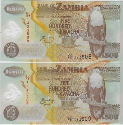 Lot of 2 Consecutive Zambia 500 Kwacha -Replacement-MWR RI11-UNC+Gift! ZMB Rep2  - Image 1 of 3