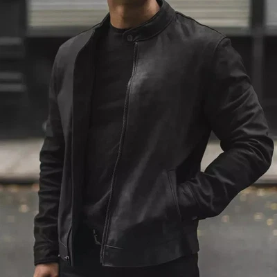 Men's Black Suede Leather Jacket 100% Real soft Lambskin Style Slim Fit Jacket - Image 1 of 4