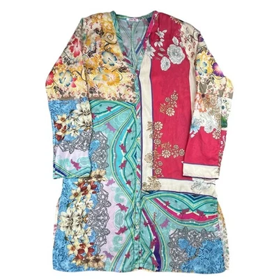 Blusa túnica feminina Johnny Was seda floral estampa patchwork botão para baixo pequena - Imagem 1 de 4