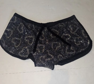 Victoria Secret BLING Booty Shorts Black w Silver Gold Sequin Hearts LARGE - Image 1 of 4