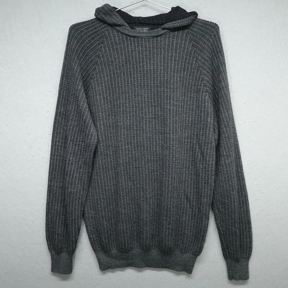 Suéter Zara Hombre Hombre Grande Gris Con Capucha Tejido Waffle Mezcla Lana Pullover Foto 1 de 4