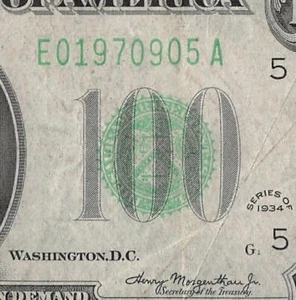 1934 Richmond One Hundred Dollar Bill E01970905A G1 Back Plate 74 - Picture 1 of 11