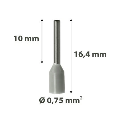 PROELEKTRO Aderendhülsen 0,75mm² grau isoliert Hülse 10mm Gesamtlänge 16,4mm