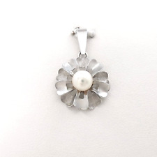 UnoAerre 18K White Gold Akoya Pearl Daisy Flower Charm Pendant Italy 750 Vintage