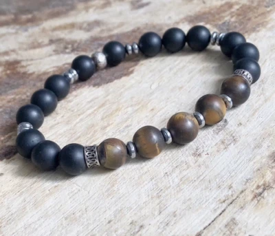 Pulsera Ojo de Tigre, Pulsera de Ónix Negro, Pulsera de Cuentas de Hematita, Plata de Ley Foto 1 de 4