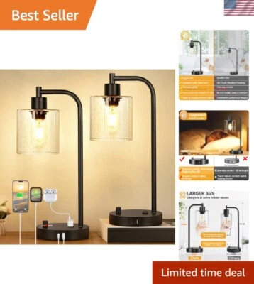 Комплект из 2 промышленных настольных ламп - бесступенчатая регулируемая яркость, USB-порты, стеклянный абажур - Изображение 1 из 4