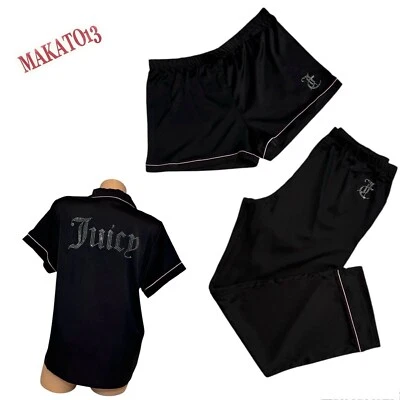 Juicy Couture Size XL Silver Studded Logo Black Satin Pajamas Top & Shorts Set - Image 1 of 4