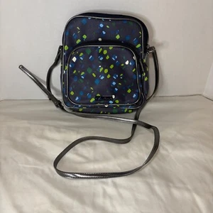 Vera Bradley “Ink Spots” Double Zip Crossbody Faux Leather Navy Blue Lime Dot - Picture 1 of 14