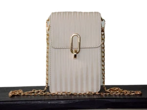 CREAM+BEIGE STRIPE FAUX LEATHER TWIST LOCK CLOSURE GOLD CHAIN MINI SHOULDER BAG - Picture 1 of 5