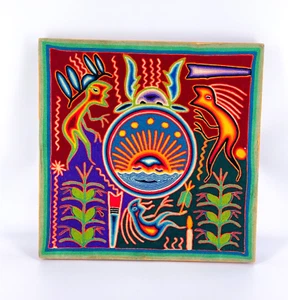 Vtg Handcrafted Huichol Original Mexican Folk Art 15.75"x15.75" Yarn Painting - Picture 1 of 8