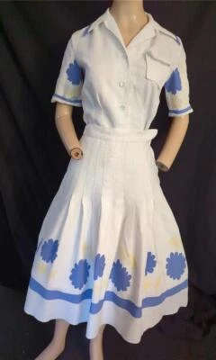 Años 40 de colección. BLANCO, AZUL Y AMARILLO ALGODÓN 2 PIEZAS TOP Y FALDA METAL CREMALLERA 36" BUSTO Foto 1 de 4