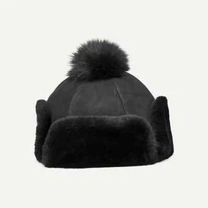 Ugg Womens OS Shearling Pom Pom Flap Hat, Black - Picture 1 of 2