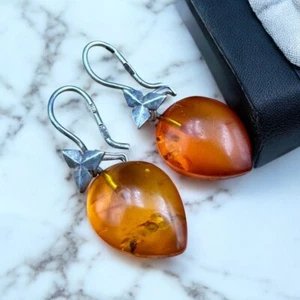 VINTAGE russian Earrings SILVER 875 Stone Natural BALTIC AMBER JEWELRY old Egg - Picture 1 of 24