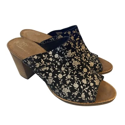 Sandalia Toms Negra Floral Gamuza Peep-toe Mallorca Tacón Mula Talla 9 40 Foto 1 de 4
