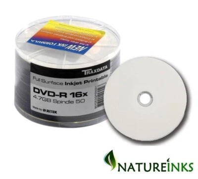 50 Traxdata Full Face White Printable Blank DVD-R 16x DVD Discs 4.7GB 120 RITEK - Image 1 of 3