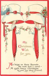 Nister Christmas Postcard 2655 Very Thin Women in Red with Very Large Hats - Picture 1 of 2