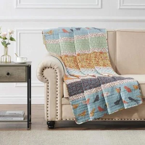 Barefoot Bungalow Carlie Florals Whimsical Songbirds Throw 50"x60" Calico Stripe - Picture 1 of 4