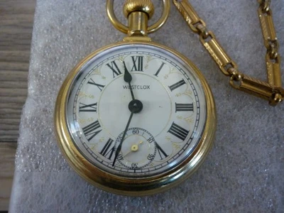 老式 WESTCLOX 机械怀表 火车设计 金色 — 第 1/4 张图片