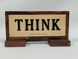 Vtg 1960's Wood Wooden Double Sided Think Desk Plaque Slogan Compliments of IBM - Picture 1 of 5