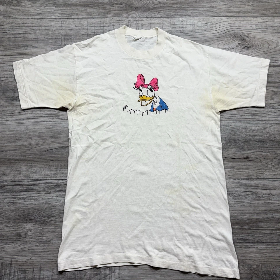 Camisa de Personaje Vintage Dibujada a Mano Blanca Pato Margarita Disney Años 60 L Foto 1 de 4