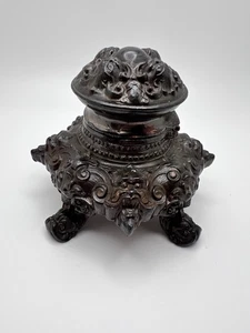 Vtg/Antq Ornate Inkwell Blackened Bronze w/ Faces & Dolphin Head Feet - Picture 1 of 24