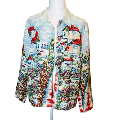 Coldwater Creek Women Blazer Jacket P Large Blue Watercolor Linen Blend - Image 1 of 4