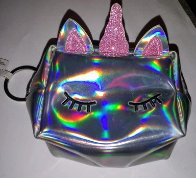 NUEVO CON ETIQUETAS Cartera y Llavero Holográfica Plata, Rosa Brillo Unicornio Cremallera Monedero y Tarjeta Foto 1 de 4