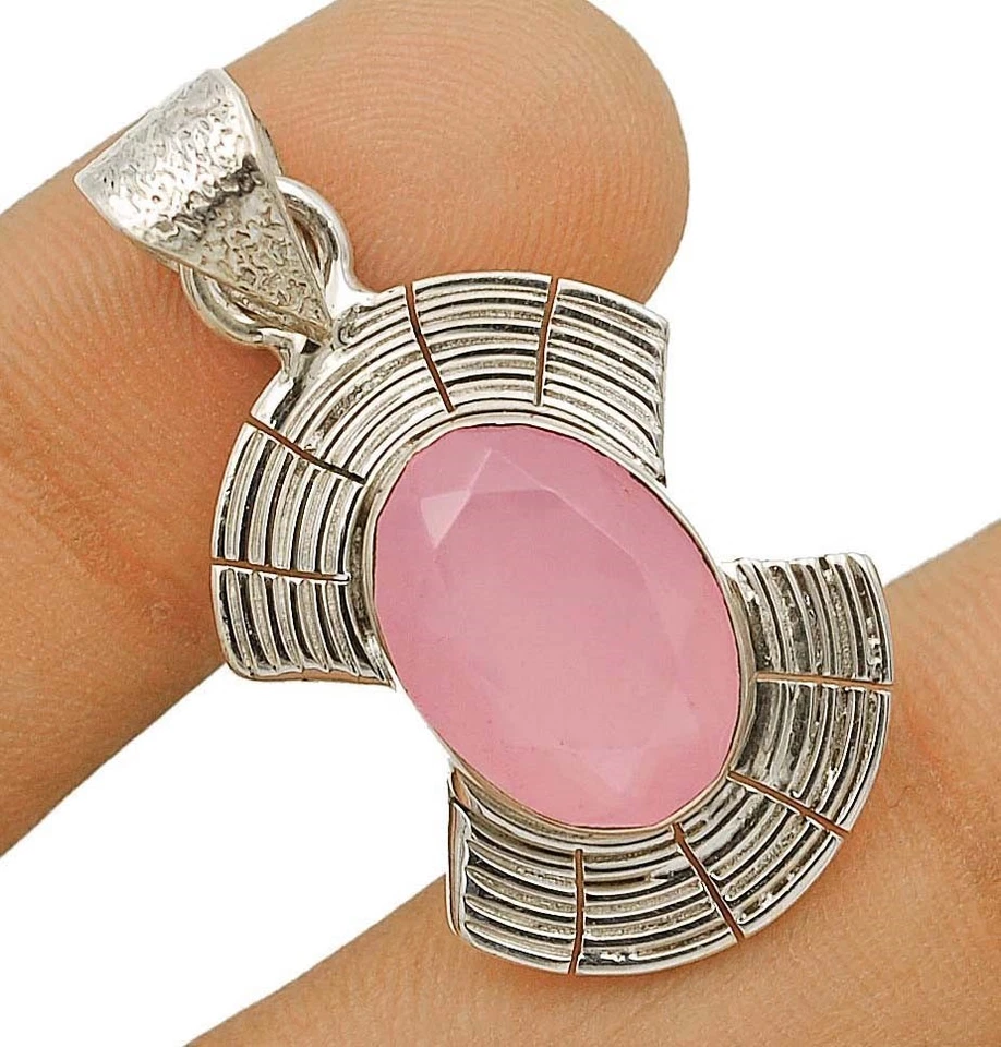 Colgante de cuarzo rosa facetado natural de plata de ley 925 maciza de 1 1/3" de largo @2-7 Foto 1 de 1