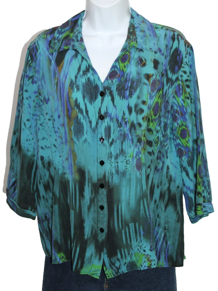 Blusa TIANELLO Sudyne Grande Manga 3/4 Turquesa Botón Frontal Seda SP-128=#20 Foto 1 de 4