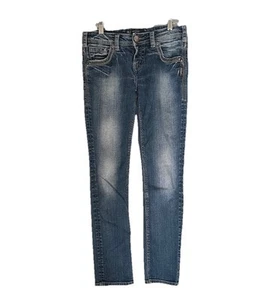 Pantalones de mezclilla plateados para mujer 26X29 azul Aiko medio ajustados al tobillo bolsillos bordados - Imagen 1 de 14