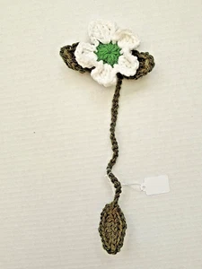 Crochet Bookmark Handmade Small Flower White with Green Leaves - Picture 1 of 7