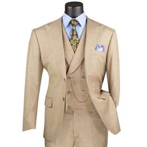 VINCI Men's Taupe Textured 3pc Modern Fit Suit w/ Adjustable Waist - NEW - Picture 1 of 4