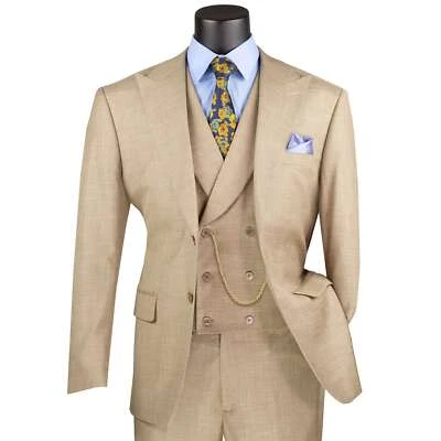 VINCI Men's Taupe Textured 3pc Modern Fit Suit w/ Adjustable Waist - NEW - Image 1 of 4