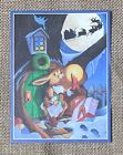 Vintage Weihnachtskarte Michael Hegedus anthropomorphes Kaninchen Weihnachtsmann Schlittenmond