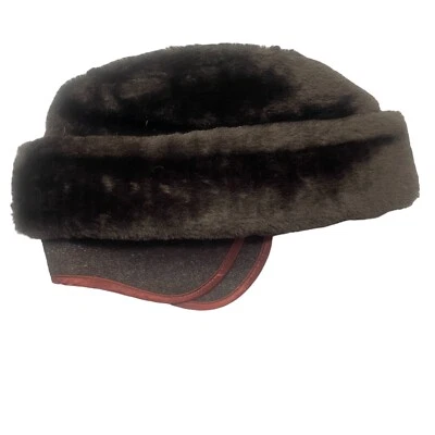 Women's 50s L Brown Faux Fur Hat Ear Flaps Military Style Quilt-Lined Vintage - Image 1 of 4