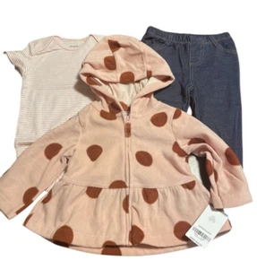 Carters Fleece Jacket Pants 3 PIECE Set 6 Month Baby Girl New Pink Polka Dot - Picture 1 of 3